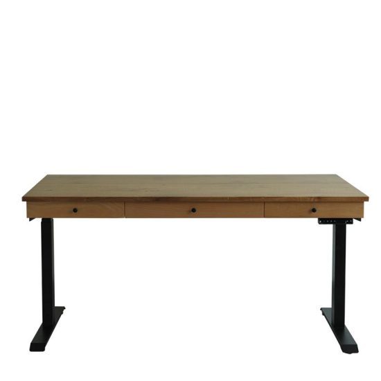 Escritorio de madera regulable en altura, vista frontal.